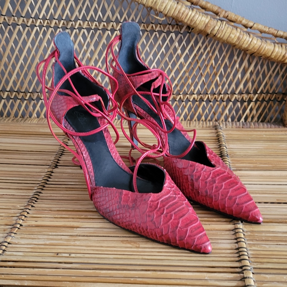 Red Crocodile Lace Up Pointed Toe Leather Heels